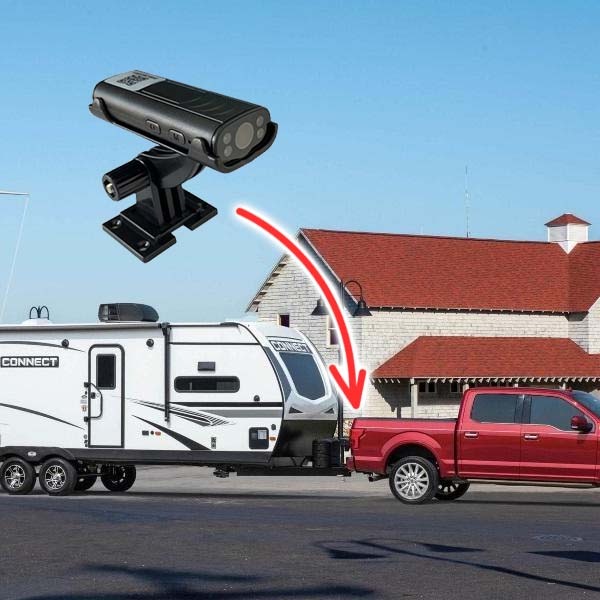 RV with backup camera view of hitch