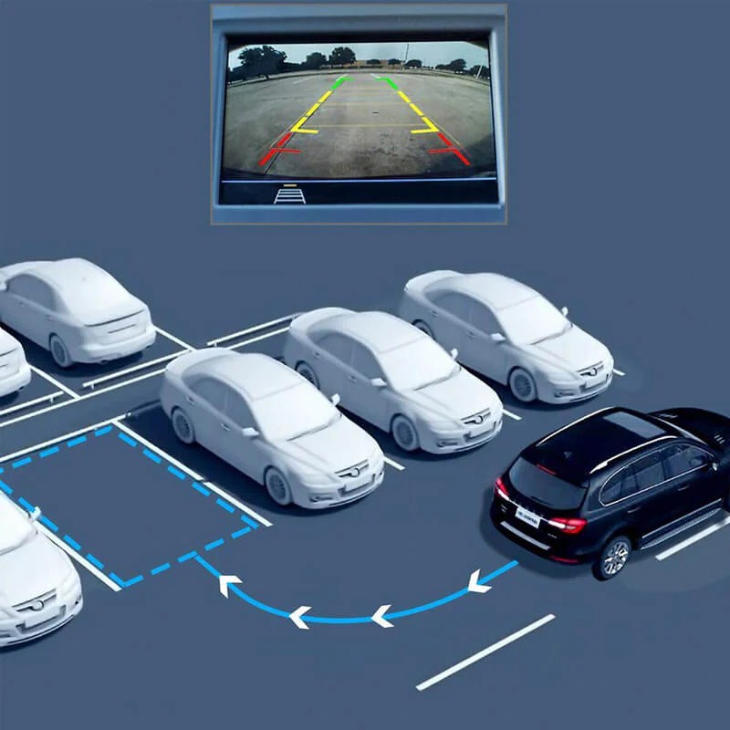 Parking guide overlay showing dynamic trajectory lines on the monitor
